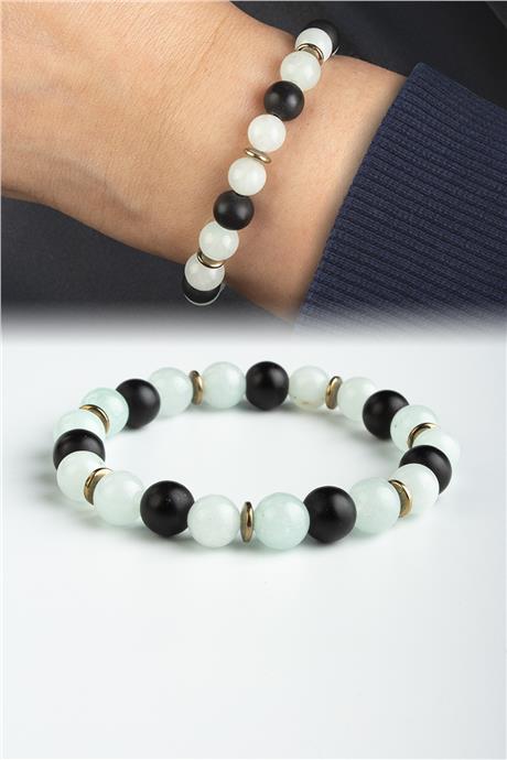 Sıkma Doğal Taş Siyah - Buz Mavisi Küre Kesim 8mm Bileklik