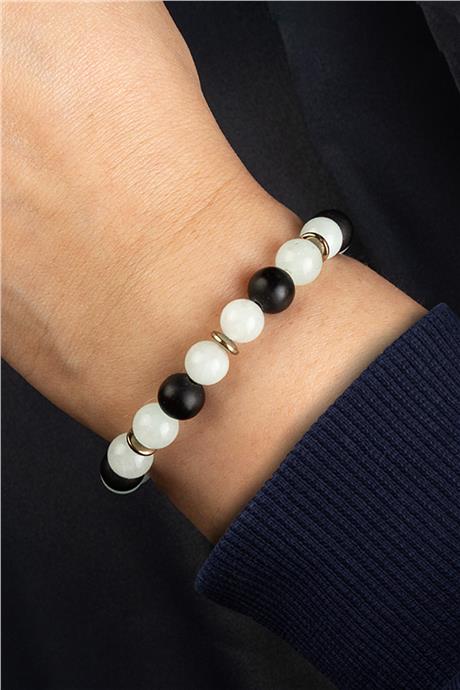 Sıkma Doğal Taş Siyah - Buz Mavisi Küre Kesim 8mm Bileklik