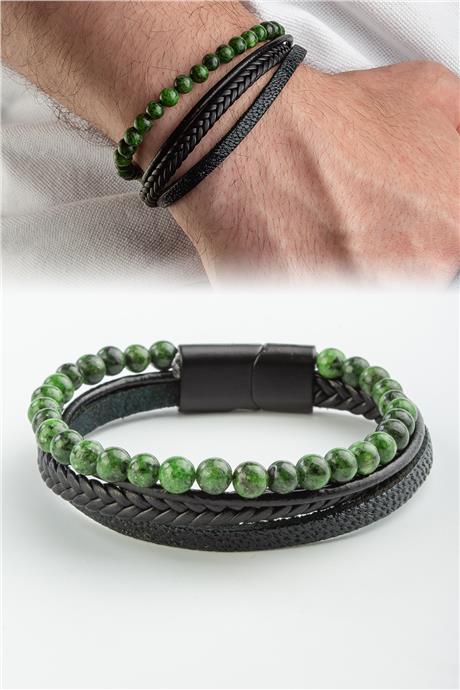 Sıkma Doğal Taş Yeşil 6mm Dörtlü Deri Erkek Bileklik