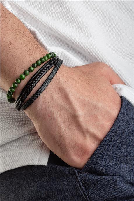 Sıkma Doğal Taş Yeşil 6mm Dörtlü Deri Erkek Bileklik