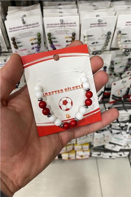 Sıkma Mercan Cam Kırmızı Beyaz Doğal Taş Taraftar Bilekliği