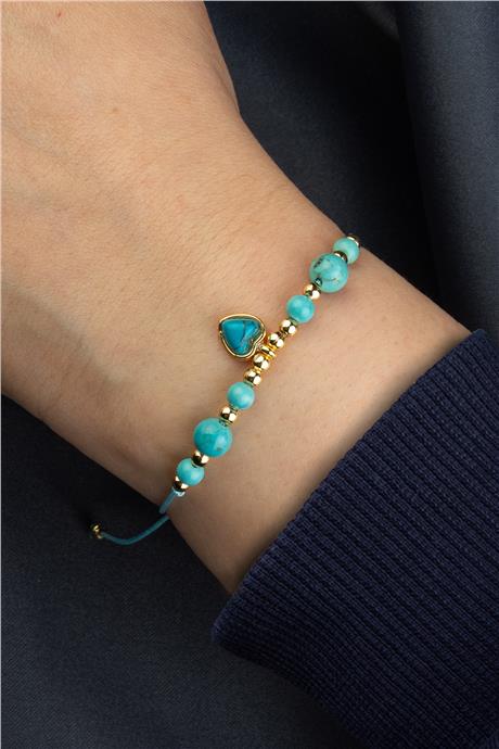 Sıkma Turkuaz Doğal Taş Küre Kesim 3-4mm Kalp Figürlü Makrome Bileklik