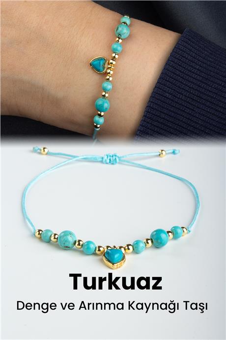 Sıkma Turkuaz Doğal Taş Küre Kesim 3-4mm Kalp Figürlü Makrome Bileklik