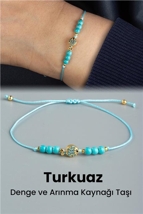 Sıkma Turkuaz Doğal Taş Küre Kesim 3mm Gold Balık Figürlü Makrome Bileklik