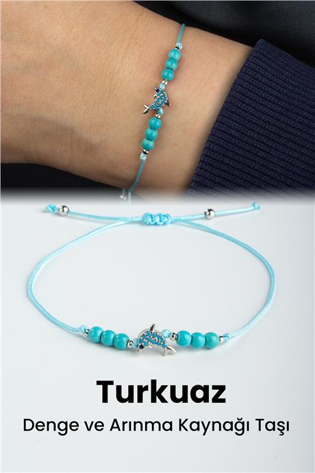 Sıkma Turkuaz Doğal Taş Küre Kesim 3mm Gümüş Yunus Balığı Figürlü Makrome Bileklik