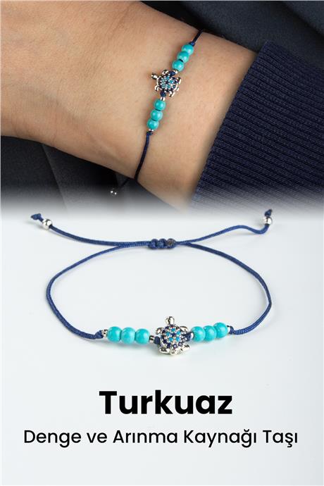 Sıkma Turkuaz Doğal Taş Küre Kesim 3mm Gümüş Kaplumbağa Figürlü Makrome Bileklik