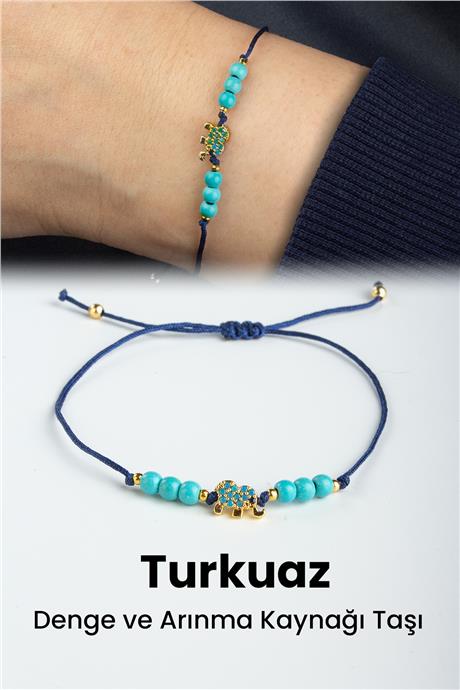 Sıkma Turkuaz Doğal Taş Küre Kesim 3mm Gold Fil Figürlü Makrome Bileklik