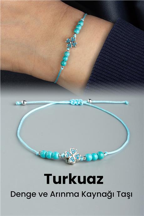 Sıkma Turkuaz Doğal Taş Küre Kesim 3mm Gümüş Yonca Figürlü Makrome Bileklik