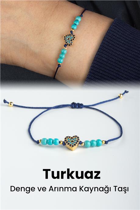 Sıkma Turkuaz Doğal Taş Küre Kesim 3mm Gold Kalp Figürlü Makrome Bileklik