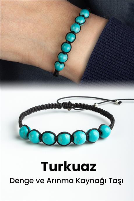 Sıkma Turkuaz Doğal Taş Küre Kesim 7 Taşlı Makrome Bileklik