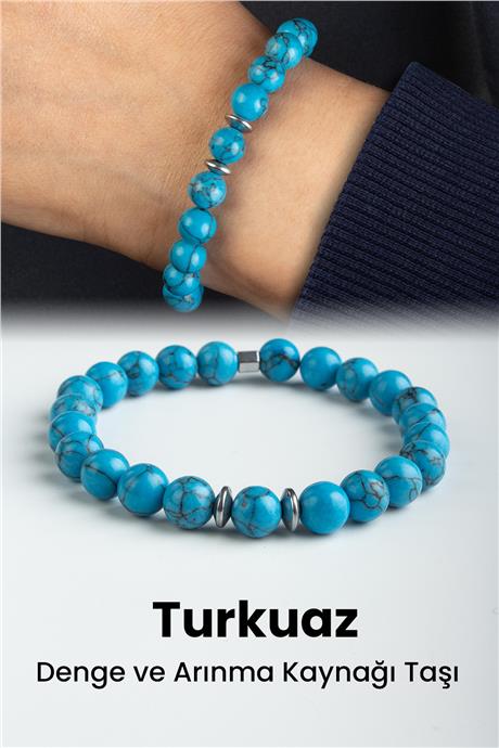 Sıkma Turkuaz Doğal Taş Mavi Küre Kesim 8mm Bileklik