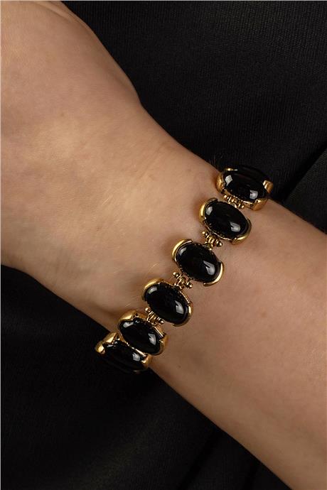 Siyah Akik Doğal Taş 10 Taşlı Bronz  Bileklik