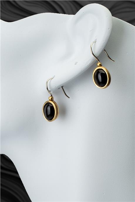 Siyah Akik Doğal Taş Büyük Oval Kesim Bronz Küpe