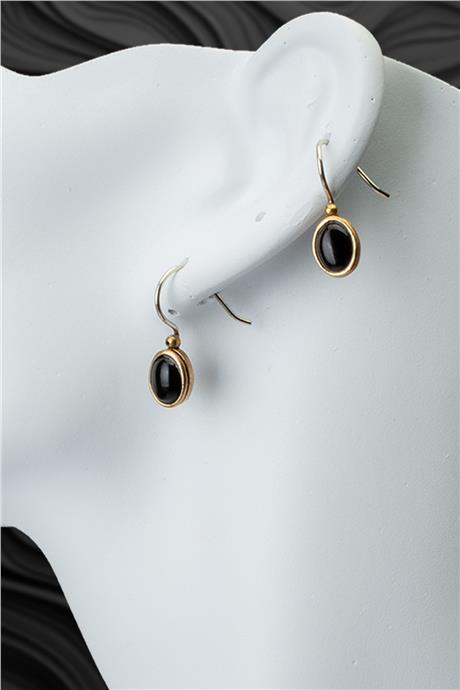 Siyah Akik Doğal Taş Mini Oval Kesim Bronz Küpe