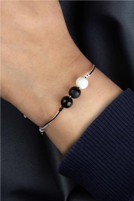 Siyah Beyaz Cam Doğal Taş Küre Kesim Taraftar Bilekliği