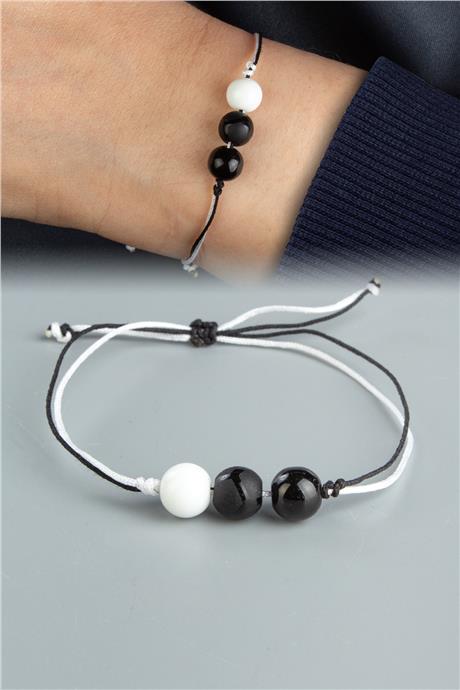 Siyah Beyaz Cam Doğal Taş Küre Kesim Taraftar Bilekliği