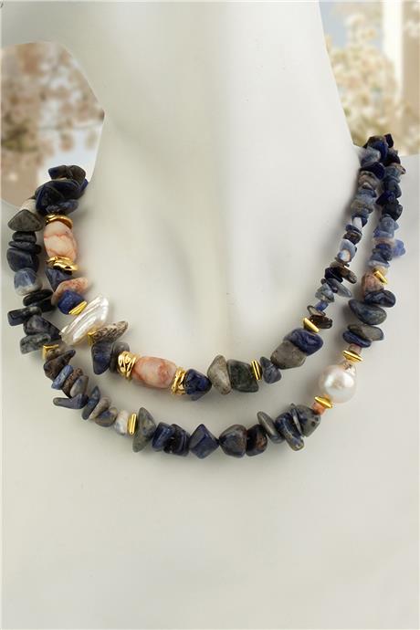 Sodalit Doğal Kırık Taş İnci İkili Kombin Çelik Kolye