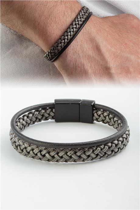 Suni Deri Siyah İkili Erkek Bilekliği
