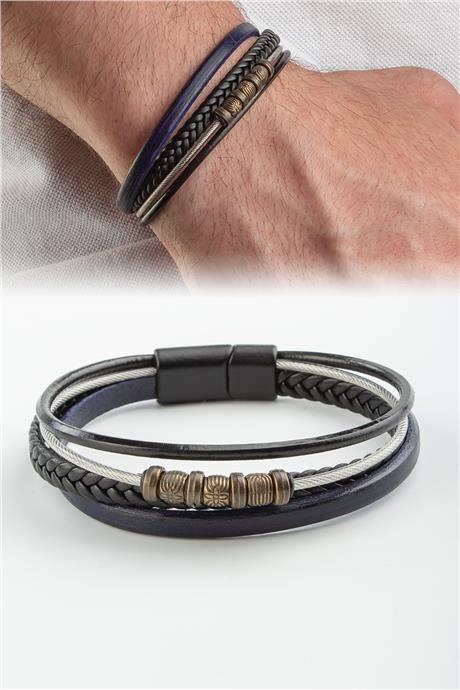 Tel Dizme Antik Sarı Ara Aparatlı Dörtlü Deri Erkek Bilekliği