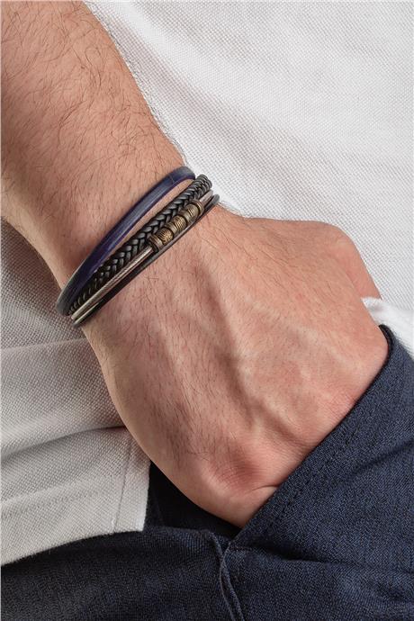 Tel Dizme Antik Sarı Ara Aparatlı Dörtlü Deri Erkek Bilekliği