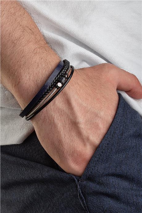 Tel Dizme Lacivert Zirkon Dörtlü Deri Erkek Bilekliği