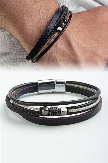 Tel Dizme Lacivert Zirkon Dörtlü Deri Erkek Bilekliği