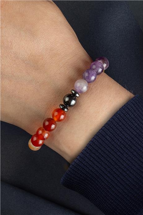 Terazi Burç Bilekliği Karnelyan Akik-Sıkma Malakit-Ametist-Kuvars Doğal Taş 8mm Bileklik
