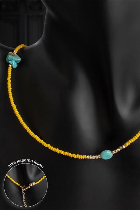Turkuaz Doğal Kırık Taş & Sarı Kum Boncuk Zincir Kapamalı Kolye