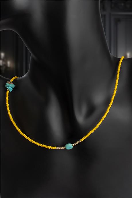 Turkuaz Doğal Kırık Taş & Sarı Kum Boncuk Zincir Kapamalı Kolye