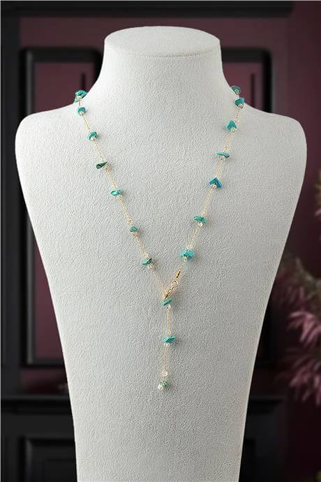 Turkuaz Doğal Kırık Taş Yapıştırma Y Zincir Kolye