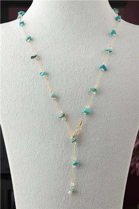 Turkuaz Doğal Kırık Taş Yapıştırma Y Zincir Kolye