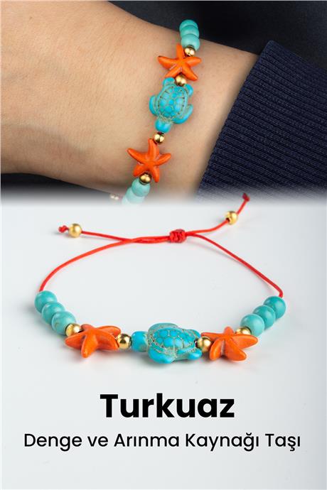 Turkuaz Doğal Taş Kaplumbağa Kesim Makrome Bileklik