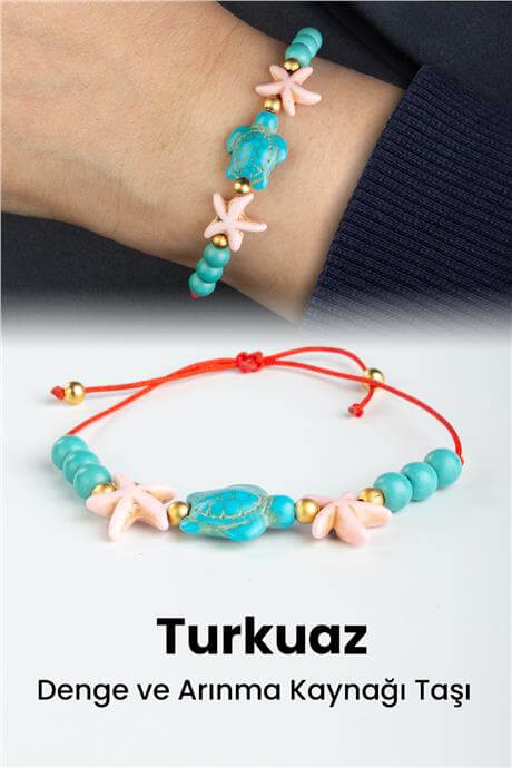 Turkuaz Doğal Taş Kaplumbağa Kesim Makrome Bileklik