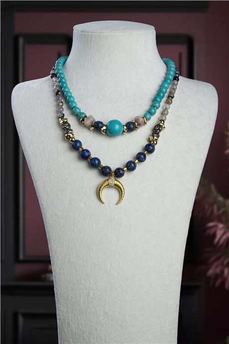 Turkuaz Doğal Taş Karışık Ay Motifli Zincir Kapamalı Kolye