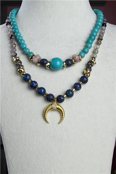 Turkuaz Doğal Taş Karışık Ay Motifli Zincir Kapamalı Kolye
