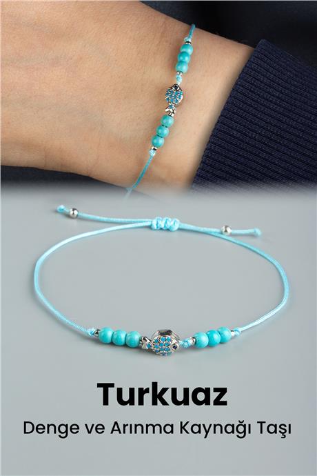 Turkuaz Doğal Taş Küre Kesim 3mm Balık Motifli Makrome Bileklik