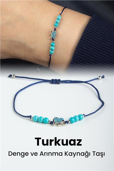 Turkuaz Doğal Taş Küre Kesim 3mm Fil Figürlü Makrome Bileklik