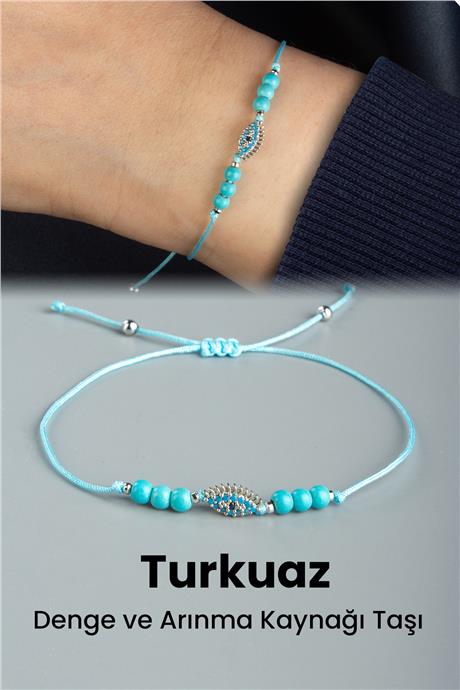 Turkuaz Doğal Taş Küre Kesim 3mm Göz Motifli Makrome Bileklik