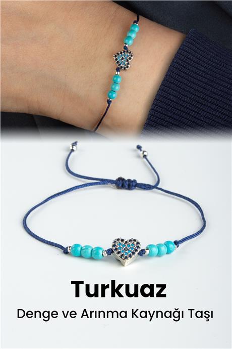 Turkuaz Doğal Taş Küre Kesim 3mm Kalp Motifli Makrome Bileklik