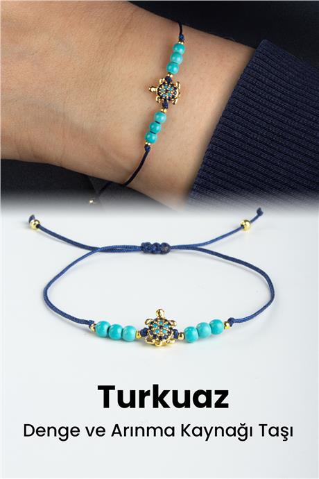 Turkuaz Doğal Taş Küre Kesim 3mm Kaplumbağa Figürlü Makrome Bileklik