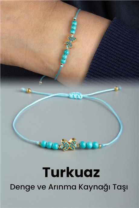 Turkuaz Doğal Taş Küre Kesim 3mm Kelebek Motifli Makrome Bileklik