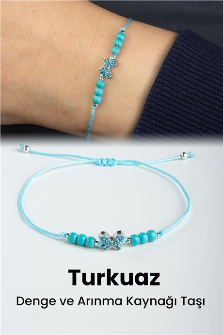 Turkuaz Doğal Taş Küre Kesim 3mm Kelebek Motifli Makrome Bileklik
