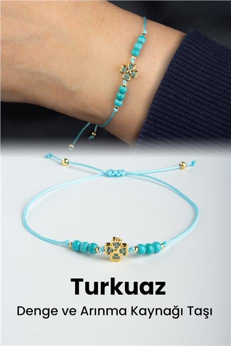 Turkuaz Doğal Taş Küre Kesim 3mm Yonca Motifli Makrome Bileklik
