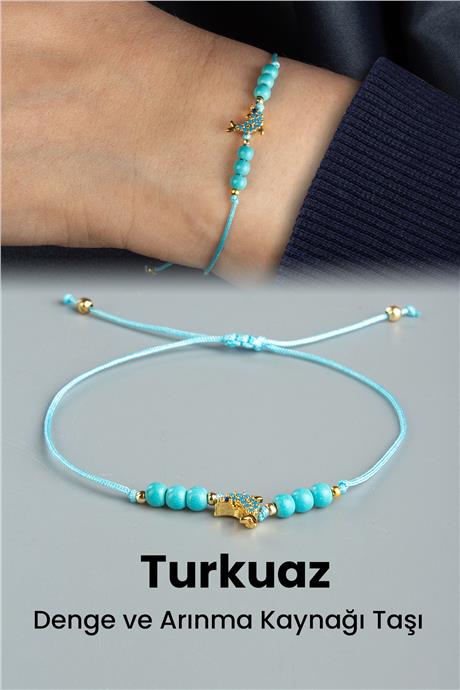 Turkuaz Doğal Taş Küre Kesim 3mm Yunus Balığı Motifli Makrome Bileklik