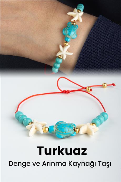 Turkuaz Doğal Taş Küre Kesim 6mm Kaplumbağa Figürlü Makrome Bileklik