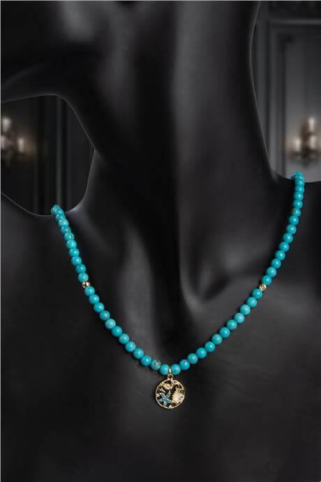 Turkuaz Doğal Taş Küre Kesim Deniz Figür Zirkon Uçlu Kolye