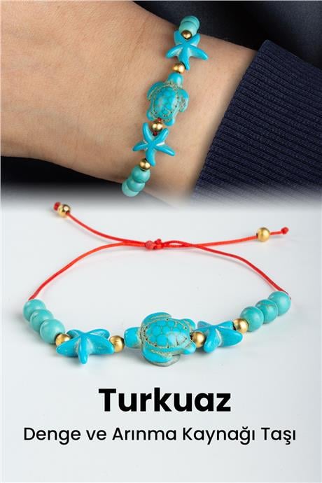 Turkuaz Doğal Taş Küre Kesim Kaplumbağa & Yıldız Taşlı Makrome Bileklik