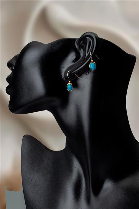 Turkuaz Doğal Taş Mini Oval Kesim Bronz Küpe