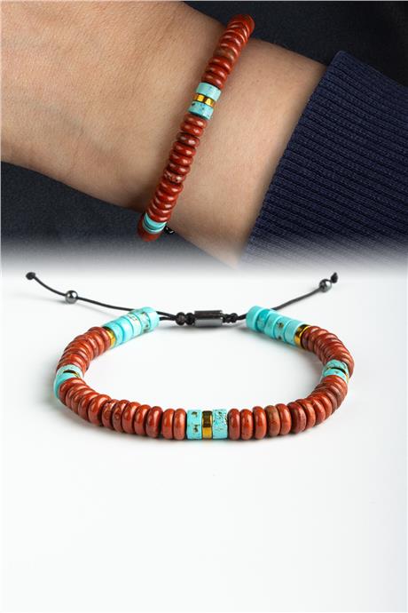 Turkuaz & Kırmızı Jasper Doğal Taş Rondela Kesim Makrome Bileklik