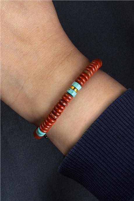 Turkuaz & Kırmızı Jasper Doğal Taş Rondela Kesim Makrome Bileklik